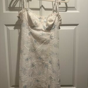 White with Blue Details Floral Lace Dress